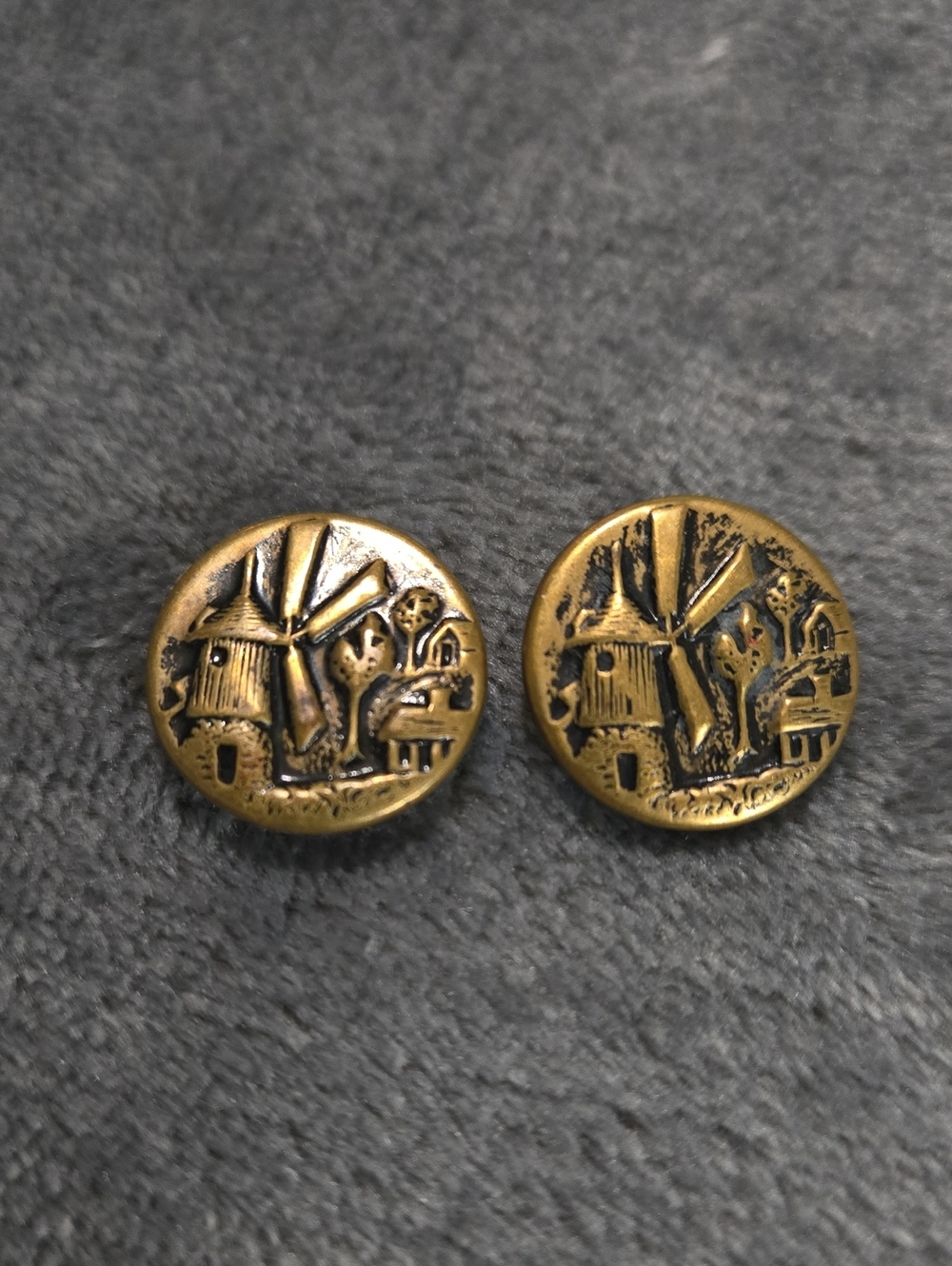 2pk Vintage Metal Relief Picture Button Windmill Trees Antique Fashion
